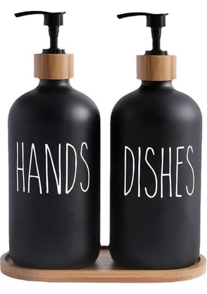 2'li Lüx Cam Sıvı Sabunluk, Mutfak ve Için Modern Cam Sıvı Sabunluk, Doldurulabilir ve Pompalı Desenli (Siyah)