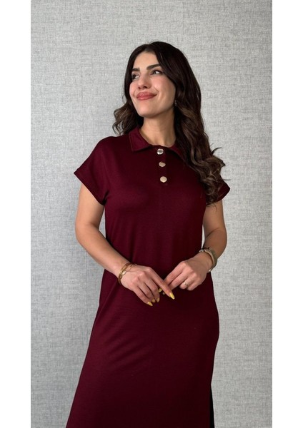 Kadın Kısa Kollu Yakalı Yandan Yırtmaçlı Viskon Iki Iplik Elbise fiyatları