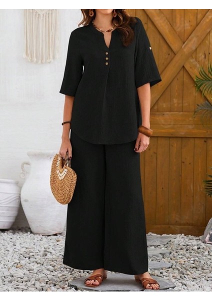 Kadın Kısa Kollu V Hakim Yaka Düğmeli Bürümcük Bluz ve Pantolon Ikili Takım