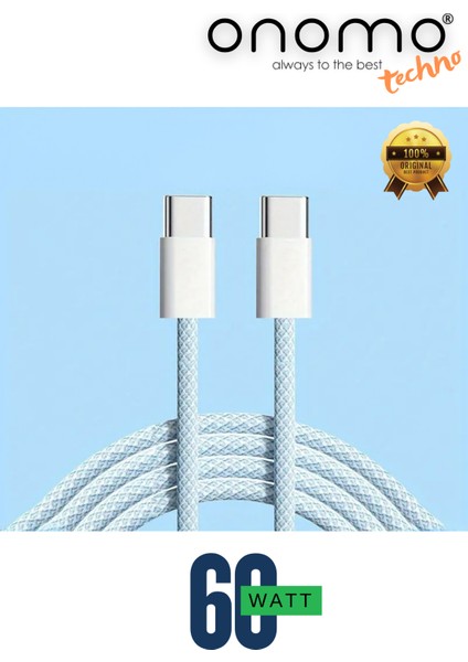 Techno 60W Hızlı Şarj 2 Metre Örgü Kablo Type-C Şarj Kablosu Mavi Apple iPhone, Samsung, Xiomai , Huawei