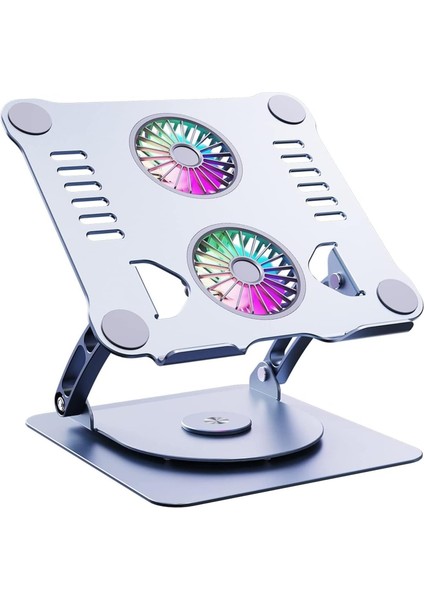 Metal Laptop Standı 360 Derece Dönebilir Rgb Çift Fanlı Premium Serisi Notebook Tutucu Alüminyum Yükseltici 11-17 Inç
