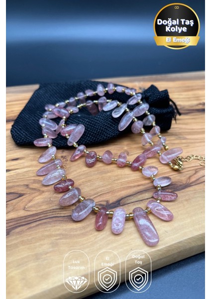 Gül Kuvars Saçaklı Doğal Taş Çelik Kolyе – Aşk ve Şefkatin Taşı