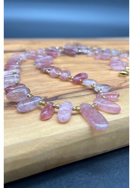 Gül Kuvars Saçaklı Doğal Taş Çelik Kolyе – Aşk ve Şefkatin Taşı modelleri