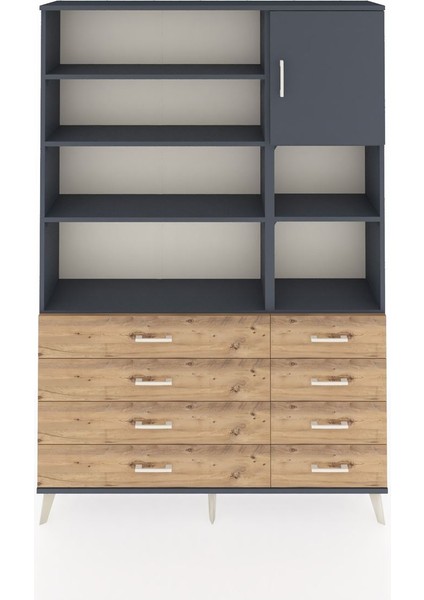 Arges Dolap 8 Raflı 8 Çekmeceli Tek Kapaklı 132X30X195 Antrasit-Antrasit/çam
