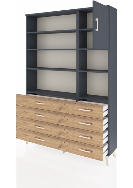 Arges Dolap 8 Raflı 8 Çekmeceli Tek Kapaklı 132X30X195 Antrasit-Antrasit/çam modelleri