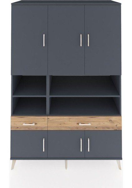 Kronos Dolap 8 Raflı 2 Çekmeceli 6 Kapaklı 132X59X195 Antrasit-Antrasit/çam