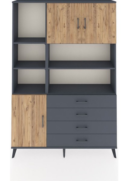 Arges Dolap 8 Raflı 4 Çekmeceli 3 Kapaklı 132X30X195 Antrasit-Çam/antrasit