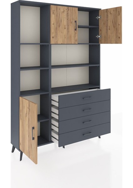 Arges Dolap 8 Raflı 4 Çekmeceli 3 Kapaklı 132X30X195 Antrasit-Çam/antrasit indirimleri