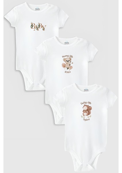 Organik %100 Pamuk Özel Tasarım Koala Sincap Bebek 3'lü Body Set Çıtçıtlı Zıbın Tulum 5875-5876-5877
