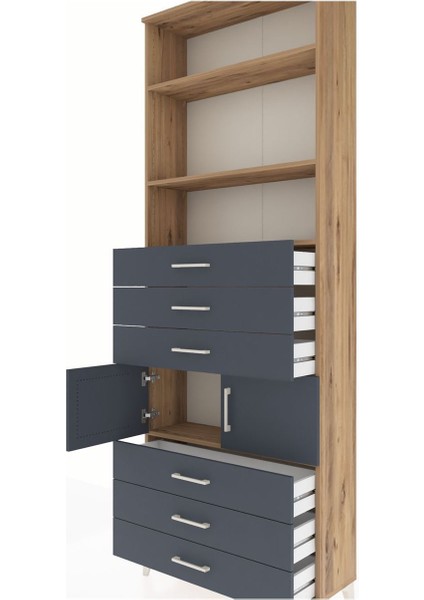 Arges Dolap 4 Raflı 6 Çekmeceli 2 Kapaklı 88X30X243 Çam-Antrasit indirimleri