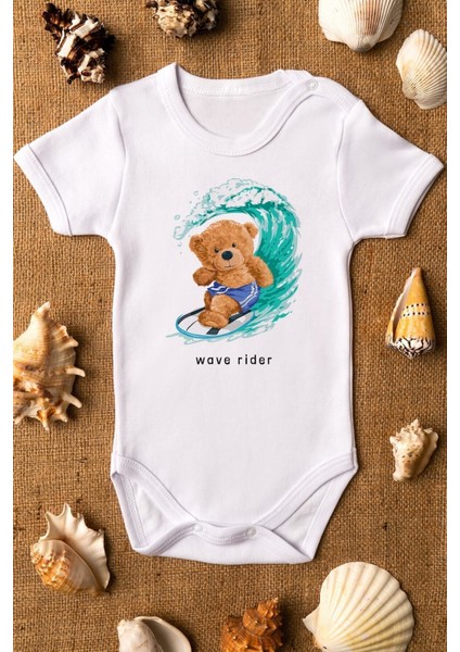 Organik %100 Pamuk Teddy Bear Sörf Baskılı Bebek Body Kısa Kollu Badi Çıtçıtlı Zıbın 5297