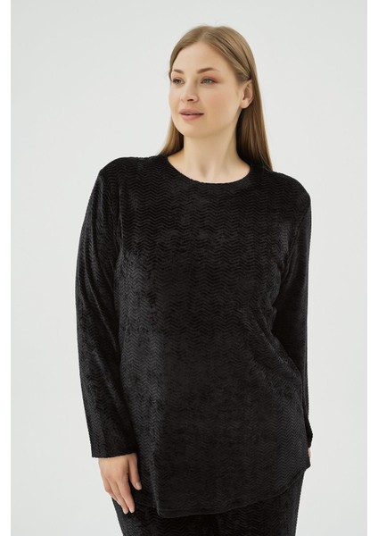 Kadın Siyah Renk Büyük Beden Kadife Bisiklet Yaka Bol Paça Pijama Takımı C3T7N171 modelleri