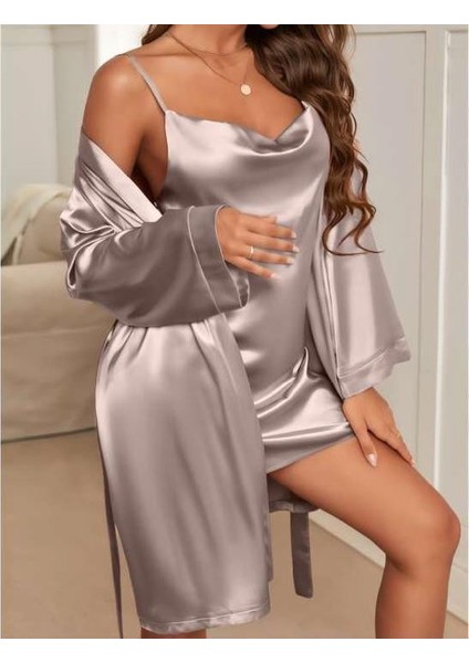 Bicomi Degajeli Ince Askılı Vizon Saten 2li Gecelik Sabahlık Takımı fiyatları