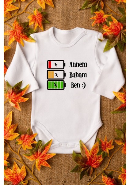 Organik %100 Pamuk Annem Babam Şarj Baskılı Bebek Body Uzun Kolllu Çıtçıtlı Badi Zıbın Tulum 5174