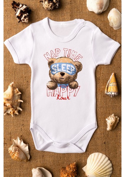Organik %100 Pamuk Teddy Bear Sleep Nap Time Baskılı Bebek Body Kısa Kollu Badi Çıtçıtlı Zıbın 5295