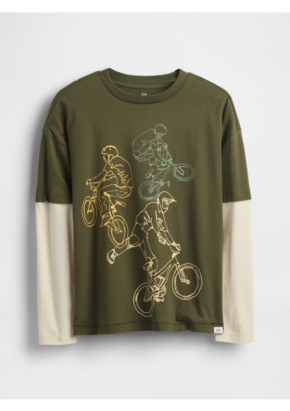 Erkek Çocuk Haki Relaxed Grafik Baskılı T-Shirt