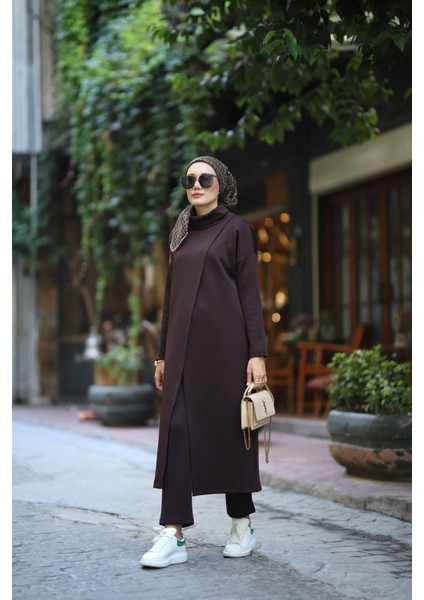 Tesettür Boğazlı Tunik Pantolon Takım Kahverengi fiyatları