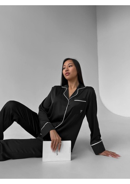 Biyeli Klasik Saten Pijama Takımı