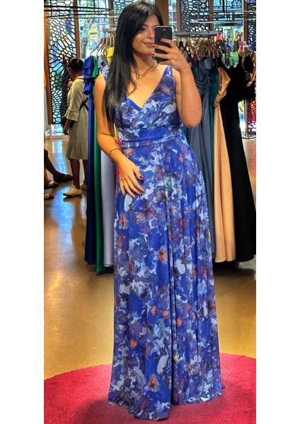 Saks Kalın Askı Kloş Etekli Desenli Tül Uzun Abiye Elbise 7594