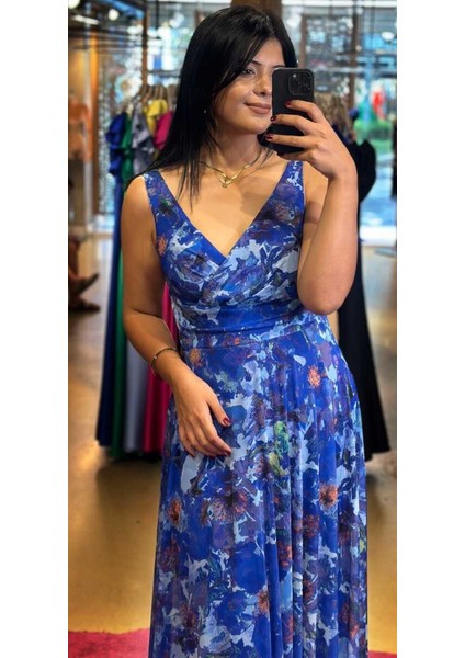 Saks Kalın Askı Kloş Etekli Desenli Tül Uzun Abiye Elbise 7594 fiyatları