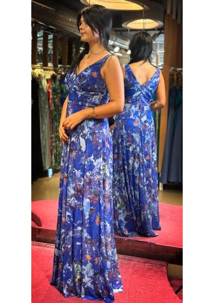 Saks Kalın Askı Kloş Etekli Desenli Tül Uzun Abiye Elbise 7594 modelleri