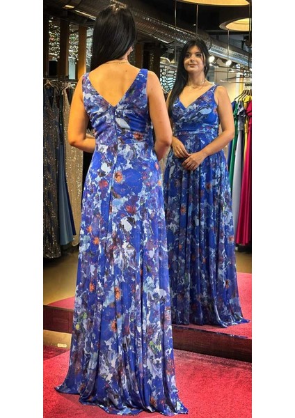 Saks Kalın Askı Kloş Etekli Desenli Tül Uzun Abiye Elbise 7594 indirimleri