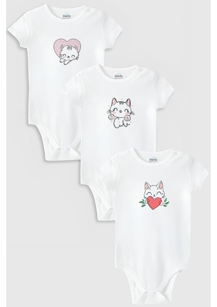 Organik %100 Pamuk Kedi Cat 3'lü Bebek Body Set Beyaz Bebek Badi Çıtçıtlı Zıbın Üçlü 5784-5785-5786