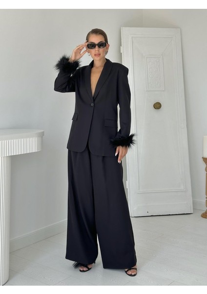 Siyah Kol Ucu Tüylü Ceket Pantolon Takım fırsatları