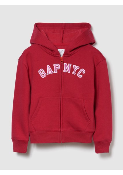 Kız Çocuk Kırmızı Relaxed Gap Logo Fermuarlı Kapüşonlu Sweatshirt