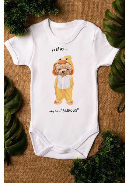 Organik %100 Pamuk Teddy Bear Hello Baskılı Bebek Body Kısa Kollu Badi Çıtçıtlı Zıbın 5298