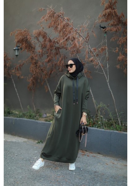 Tesettür Kapüşonlu Scuba Elbise Haki