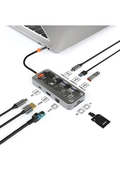 MT55 Mac ile Uyumlu Thunderbolt 3 Type-C USB Adaptör Hub 8in1 4K HDMI 100MBPS Sd Kart Okuyucu 100W Pd Telefon Hızlı Şarj Aleti