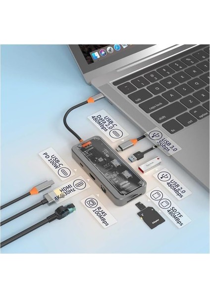 MT55 Mac ile Uyumlu Thunderbolt 3 Type-C USB Adaptör Hub 8in1 4K HDMI 100MBPS Sd Kart Okuyucu 100W Pd Telefon Hızlı Şarj Aleti modelleri