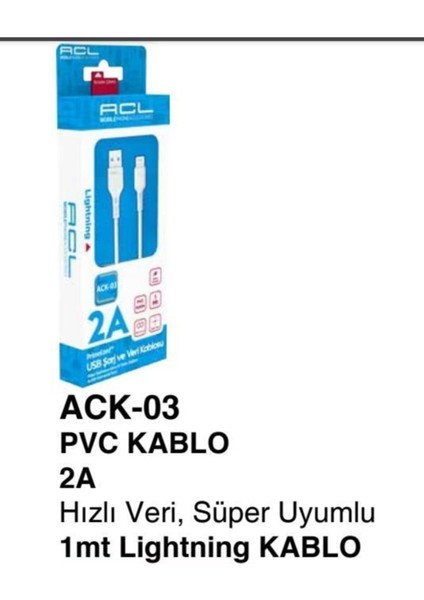 Ack-03 Pvc Kablo 2A Hızlı Veri, Süper Uyumlu 1mt Lightning Kablo