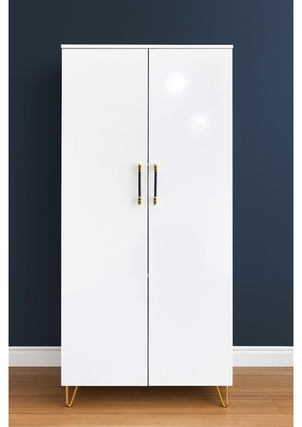 LUX Çok Amaçlı Dolap – Beyaz Parlak Gold Detaylı 2 Kapaklı -Mutfak-Banyo -Elbise Dolabı modelleri