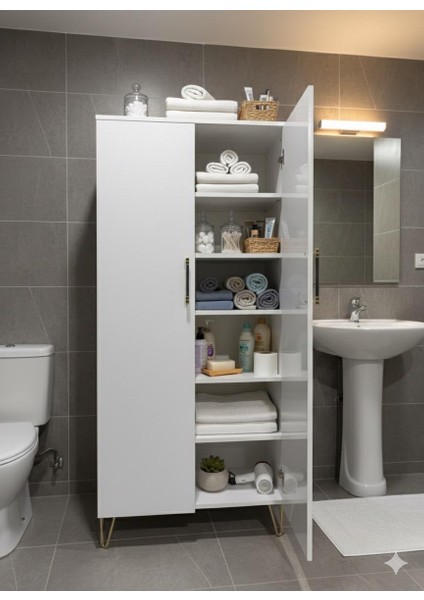 LUX Çok Amaçlı Dolap – Beyaz Parlak Gold Detaylı 2 Kapaklı -Mutfak-Banyo -Elbise Dolabı fırsatları