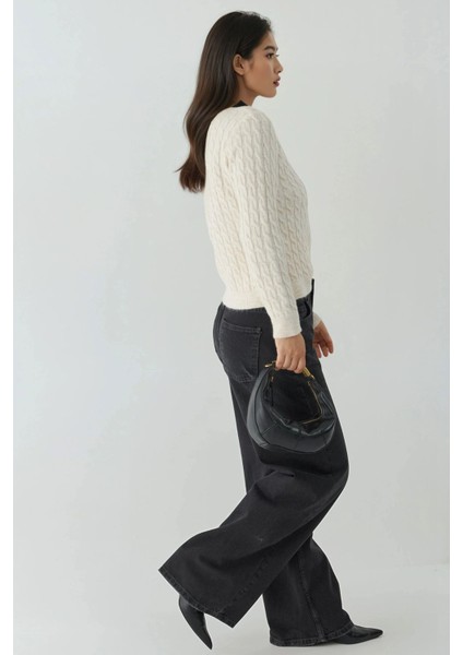 Kadın Yuvarlak Yaka Kalın Saç Örgüsü Kazak Bej Doğal fırsatları