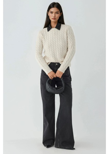 Kadın Yuvarlak Yaka Kalın Saç Örgüsü Kazak Bej Doğal indirimleri