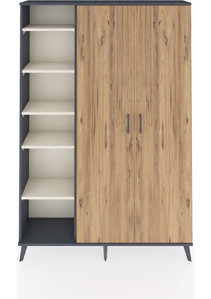 Arges Dolap 7 Raflı 2 Kapaklı Tek Askılı 132X30X195 Antrasit-Çam/aytaşı