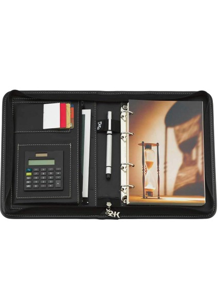 5280 Ajanda Tarihsiz Deri Fermuarlı 4 Halka Mekanizmalı Hesap Makineli Organizer, Siyah, 21X27 Cm.