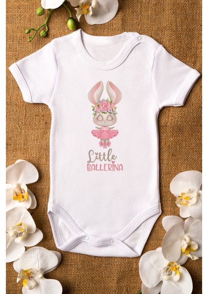 Organik %100 Pamuk Little Ballerina Balerin Baskılı Bebek Body Kısa Kollu Çıtçıtlı Badi Zıbın 5311