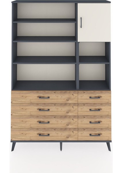 Arges Dolap 8 Raflı 8 Çekmeceli Tek Kapaklı 132X30X195 Antrasit-Aytaşı/çam