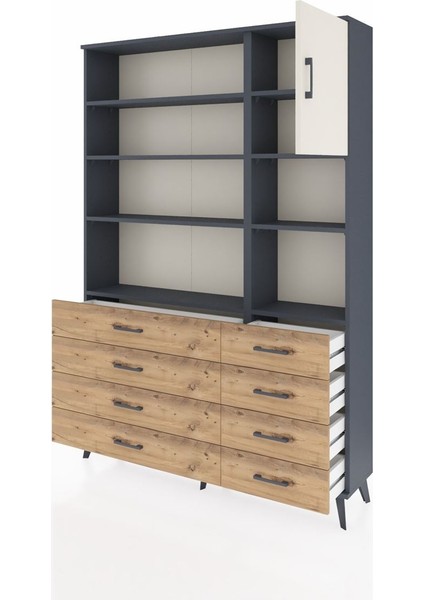 Arges Dolap 8 Raflı 8 Çekmeceli Tek Kapaklı 132X30X195 Antrasit-Aytaşı/çam modelleri