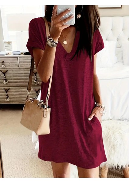 Kadın Kısa Kollu V Yakalı Cepli Kısa Viskon Elbise