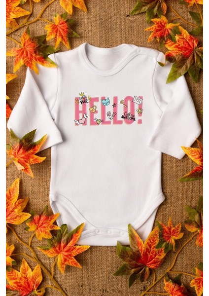 Organik %100 Pamuk Hello Baskılı Uzun Kollu Çıtçıtlı Bebek Body Badi Zıbın Tulum 5541