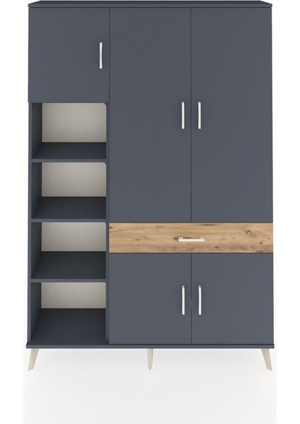 Arges Dolap 8 Raflı Tek Çekmeceli 5 Kapaklı 132X30X195 Antrasit-Antrasit/çam