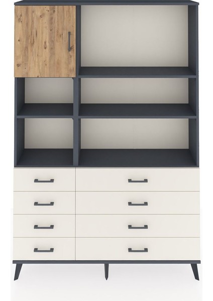 Arges Dolap 7 Raflı 8 Çekmeceli Tek Kapaklı 132X30X195 Antrasit-Çam/aytaşı