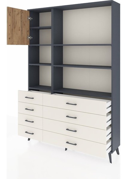Arges Dolap 7 Raflı 8 Çekmeceli Tek Kapaklı 132X30X195 Antrasit-Çam/aytaşı modelleri