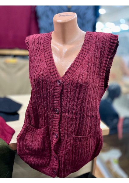 Kadın Triko Düğmeli Cepli Yelek