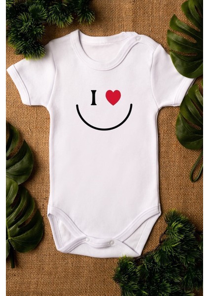 Organik %100 Pamuk Gülen Yüz Smiley Baskılı Kısa Kollu Bebek Çıtçıtlı Body Badi Zıbın Tulum 5366